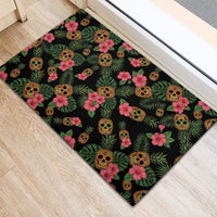 Tropical Calavera Hawaiian Rubber Doormat Sugar Skull Pineapple Hibiscus Floral