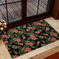 Tropical Calavera Hawaiian Rubber Doormat Sugar Skull Pineapple Hibiscus Floral