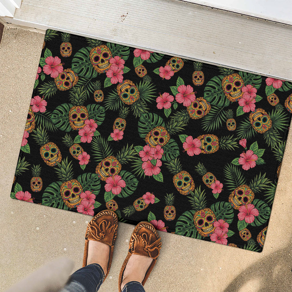 Tropical Calavera Hawaiian Rubber Doormat Sugar Skull Pineapple Hibiscus Floral