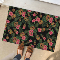 Tropical Calavera Hawaiian Rubber Doormat Sugar Skull Pineapple Hibiscus Floral