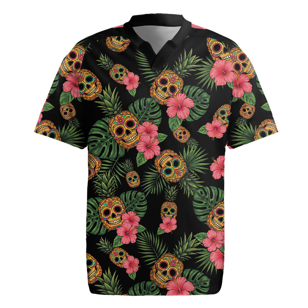 Tropical Calavera Hawaiian Rugby Jersey Sugar Skull Pineapple Hibiscus Floral