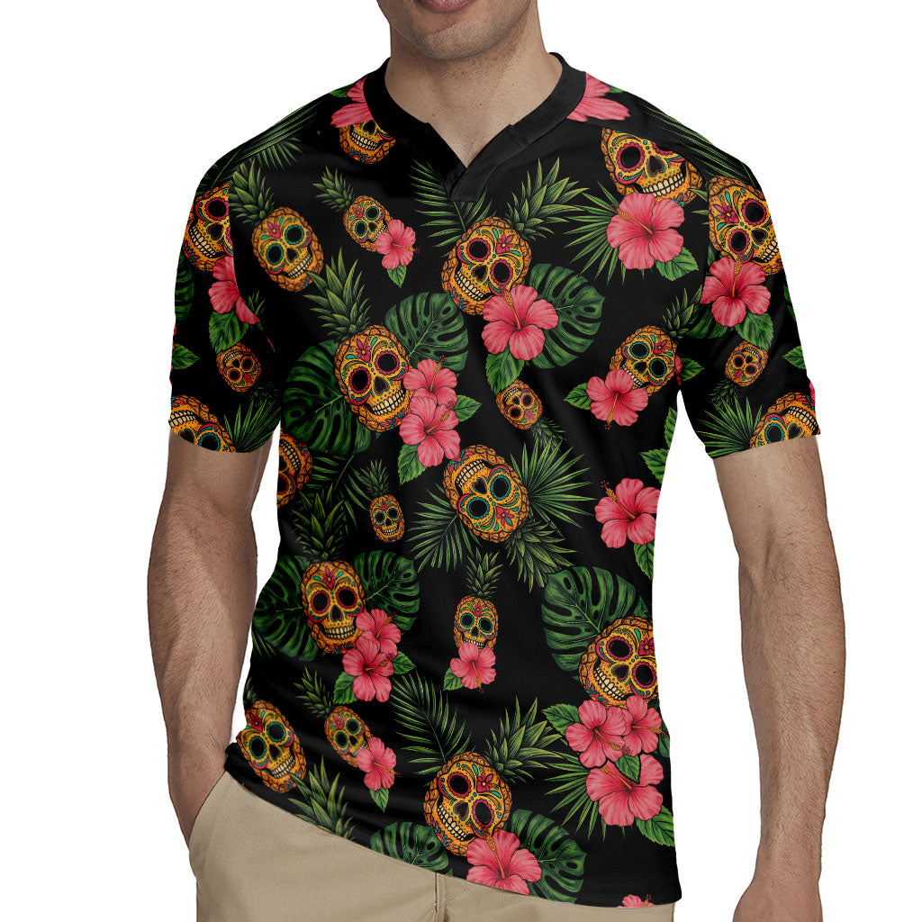 Tropical Calavera Hawaiian Rugby Jersey Sugar Skull Pineapple Hibiscus Floral