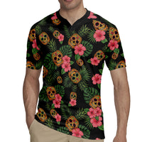 Tropical Calavera Hawaiian Rugby Jersey Sugar Skull Pineapple Hibiscus Floral