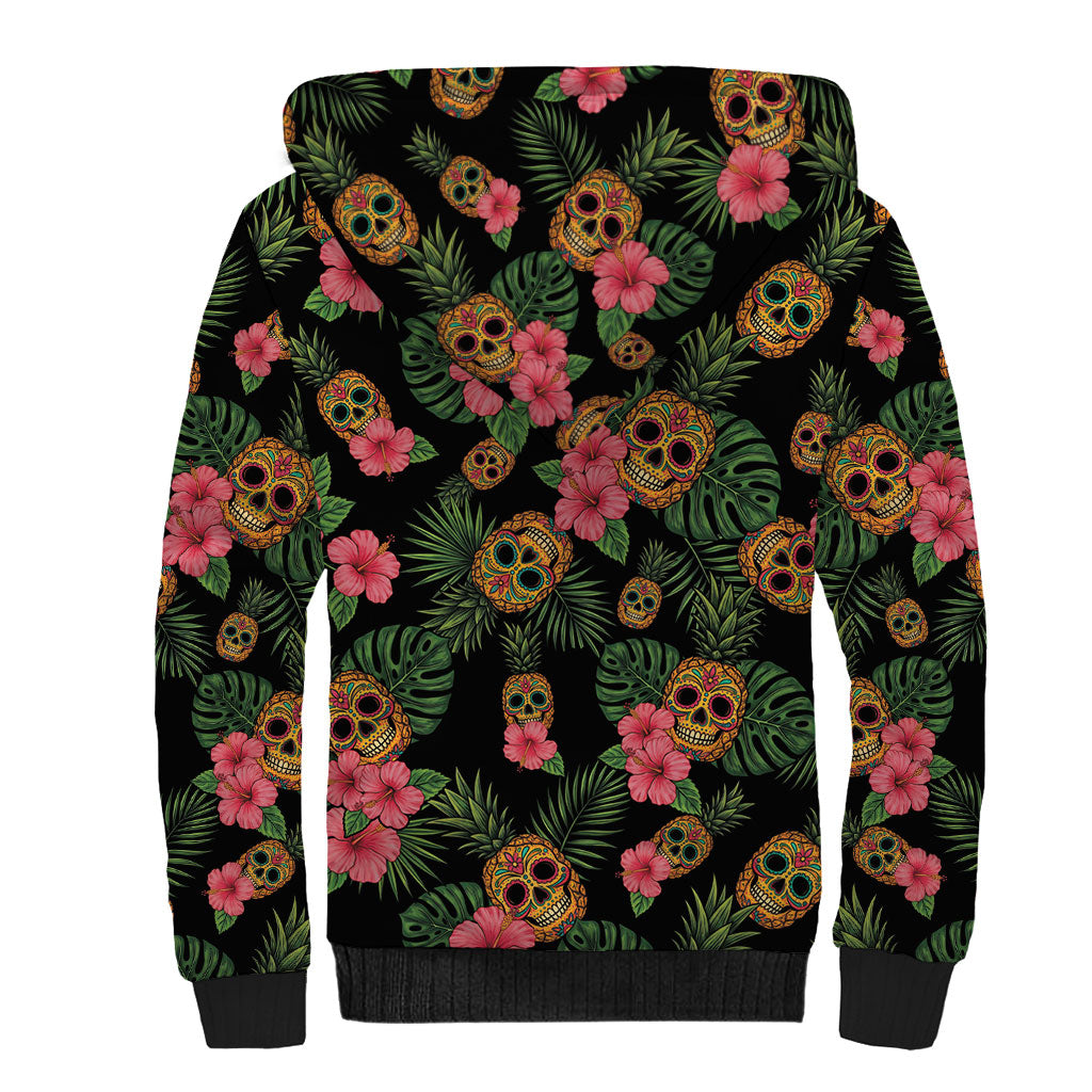 Tropical Calavera Hawaiian Sherpa Hoodie Sugar Skull Pineapple Hibiscus Floral DT05 - Polynesian Pride