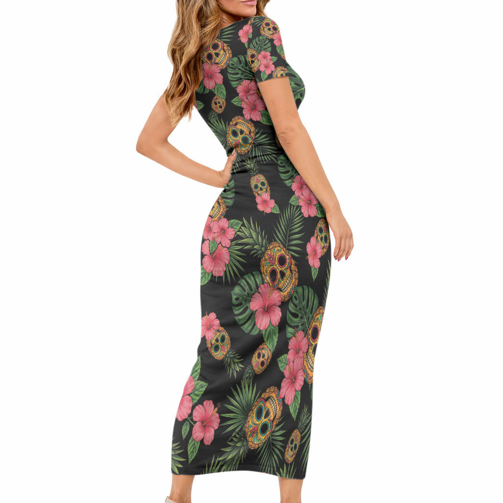 Tropical Calavera Hawaiian Short Sleeve Bodycon Dress Sugar Skull Pineapple Hibiscus Floral DT05 - Polynesian Pride