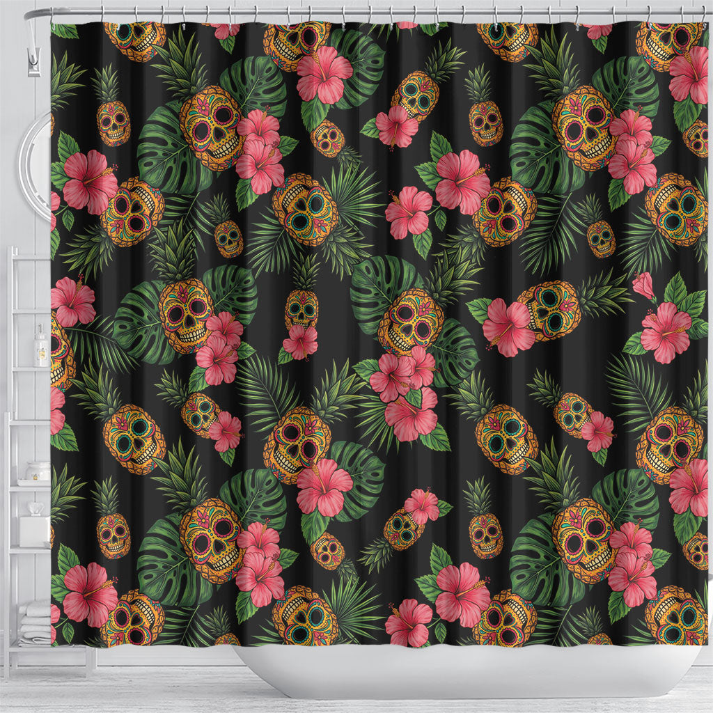 Tropical Calavera Hawaiian Shower Curtain Sugar Skull Pineapple Hibiscus Floral
