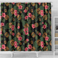 Tropical Calavera Hawaiian Shower Curtain Sugar Skull Pineapple Hibiscus Floral