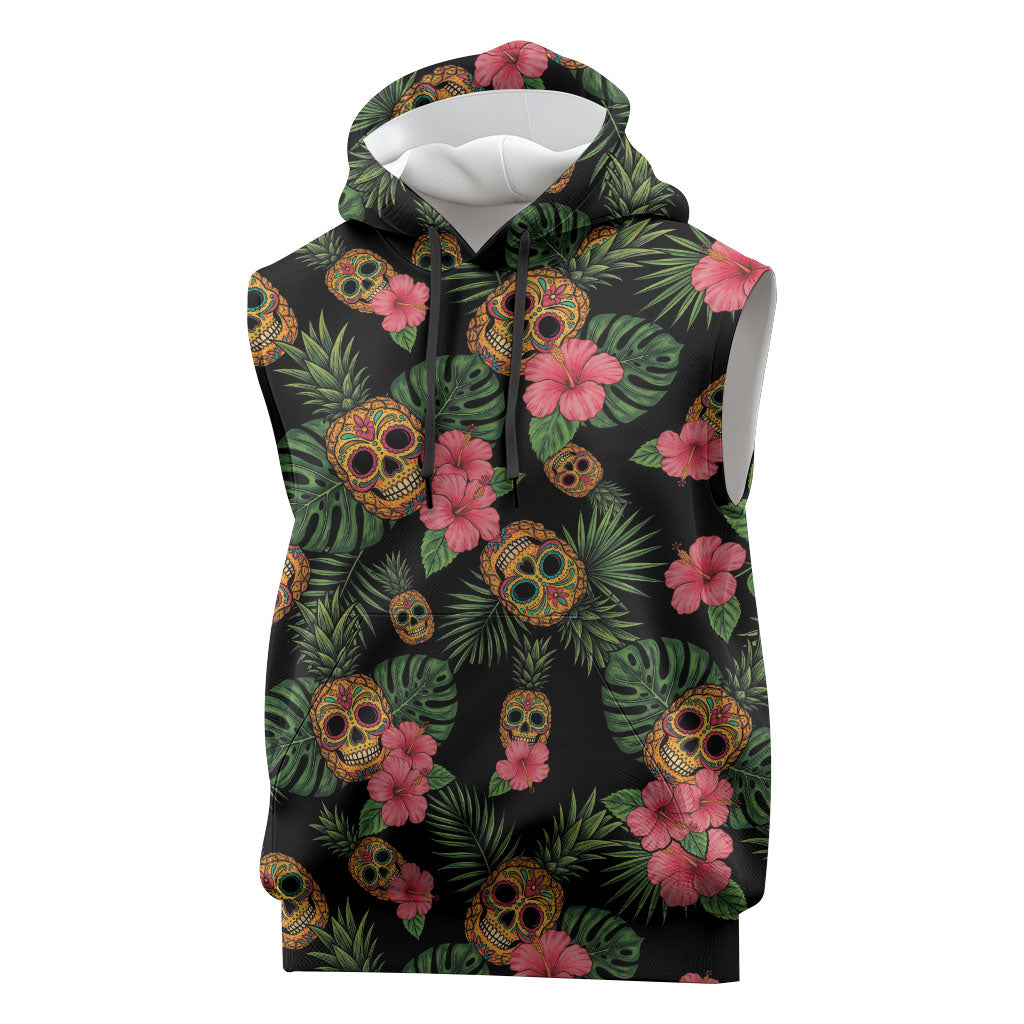 Tropical Calavera Hawaiian Sleeveless Hoodie Sugar Skull Pineapple Hibiscus Floral DT05 Black - Polynesian Pride