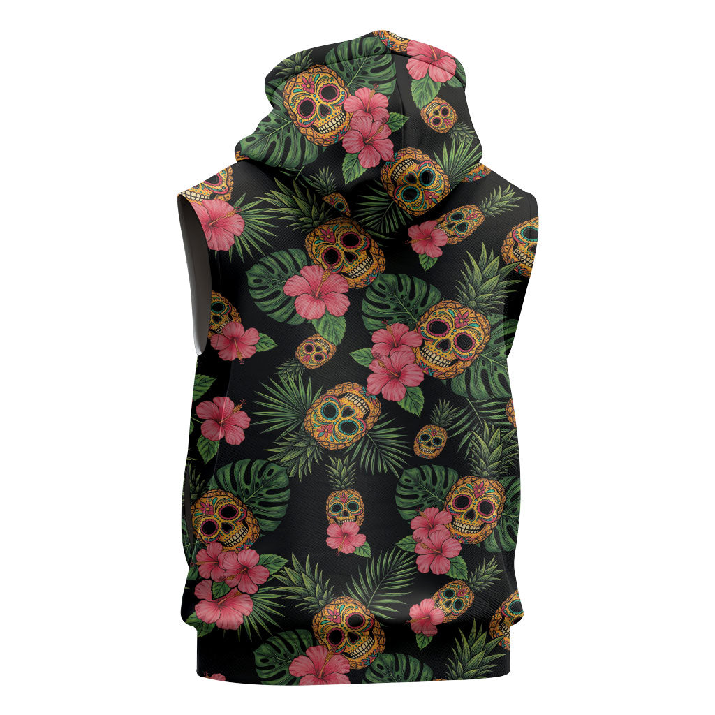 Tropical Calavera Hawaiian Sleeveless Hoodie Sugar Skull Pineapple Hibiscus Floral DT05 - Polynesian Pride