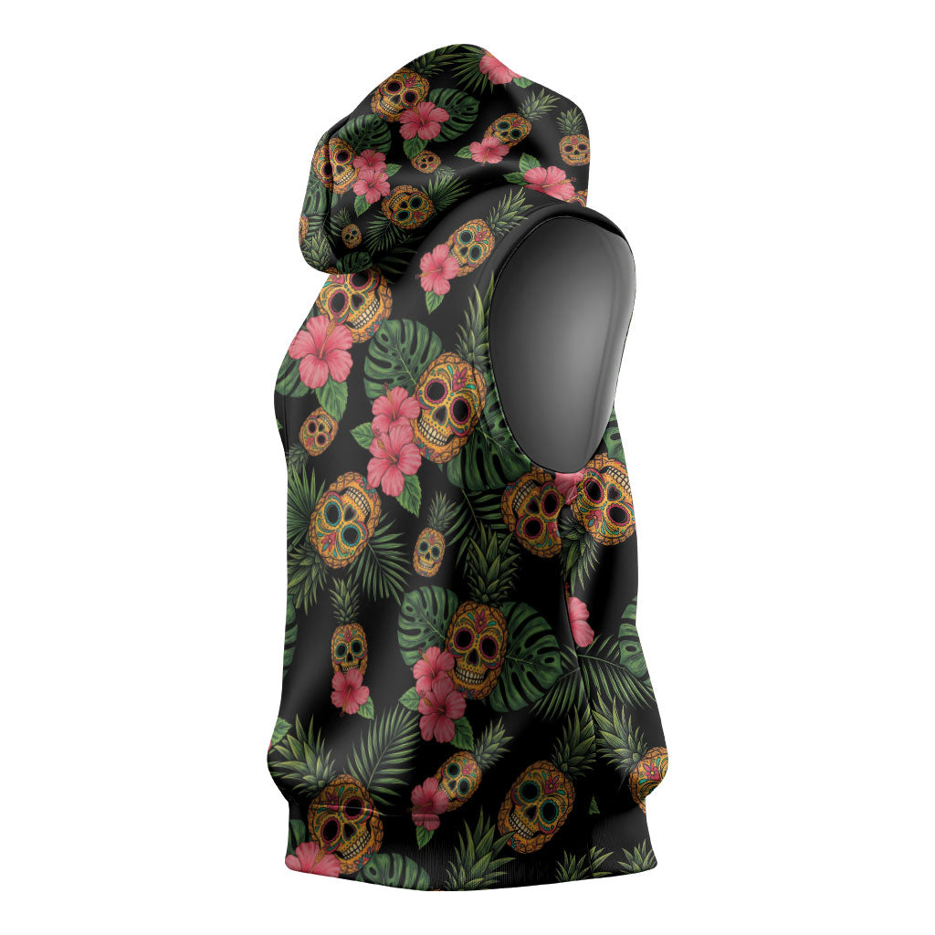 Tropical Calavera Hawaiian Sleeveless Hoodie Sugar Skull Pineapple Hibiscus Floral DT05 - Polynesian Pride