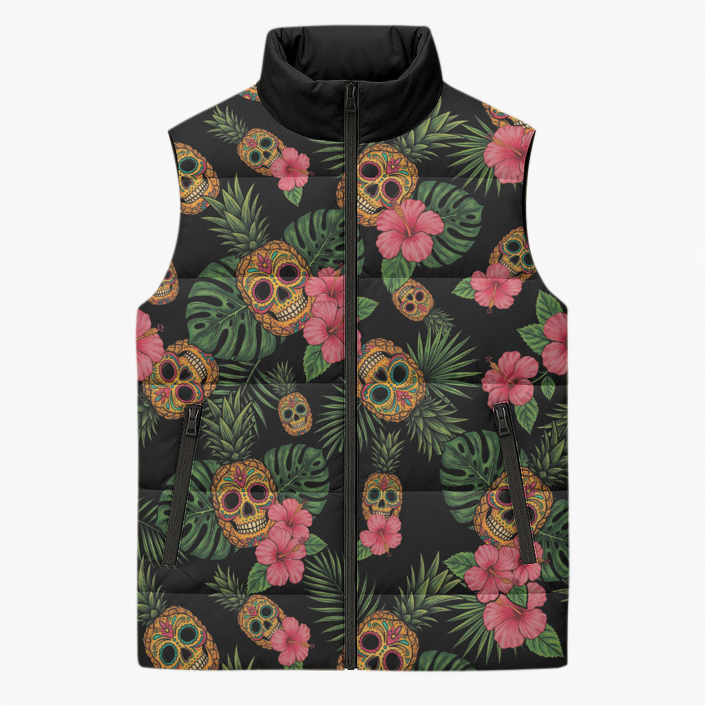 Tropical Calavera Hawaiian Sleeveless Puffer Jacket Sugar Skull Pineapple Hibiscus Floral DT05 Unisex Black - Polynesian Pride