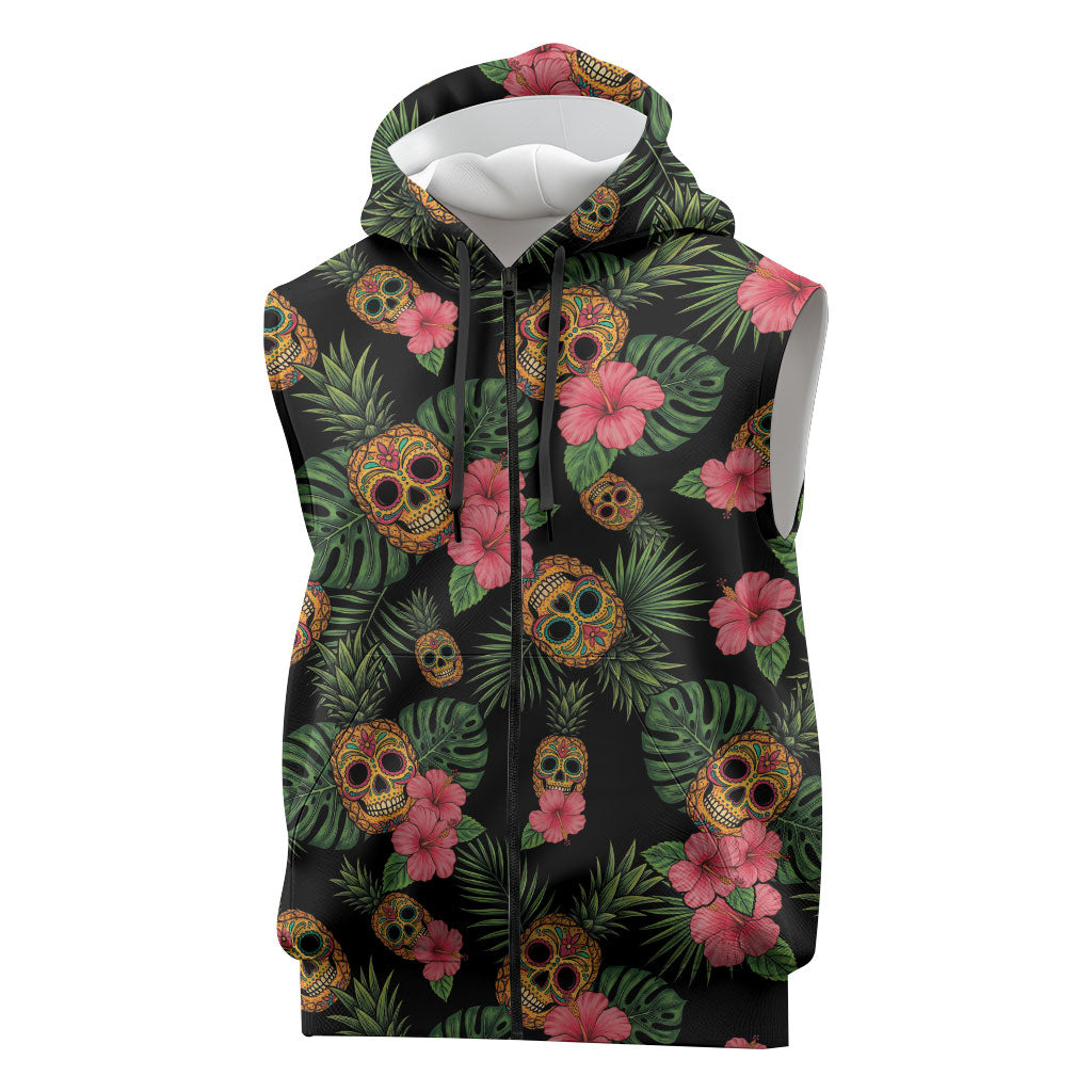 Tropical Calavera Hawaiian Sleeveless Zip Hoodie Sugar Skull Pineapple Hibiscus Floral DT05 Black - Polynesian Pride