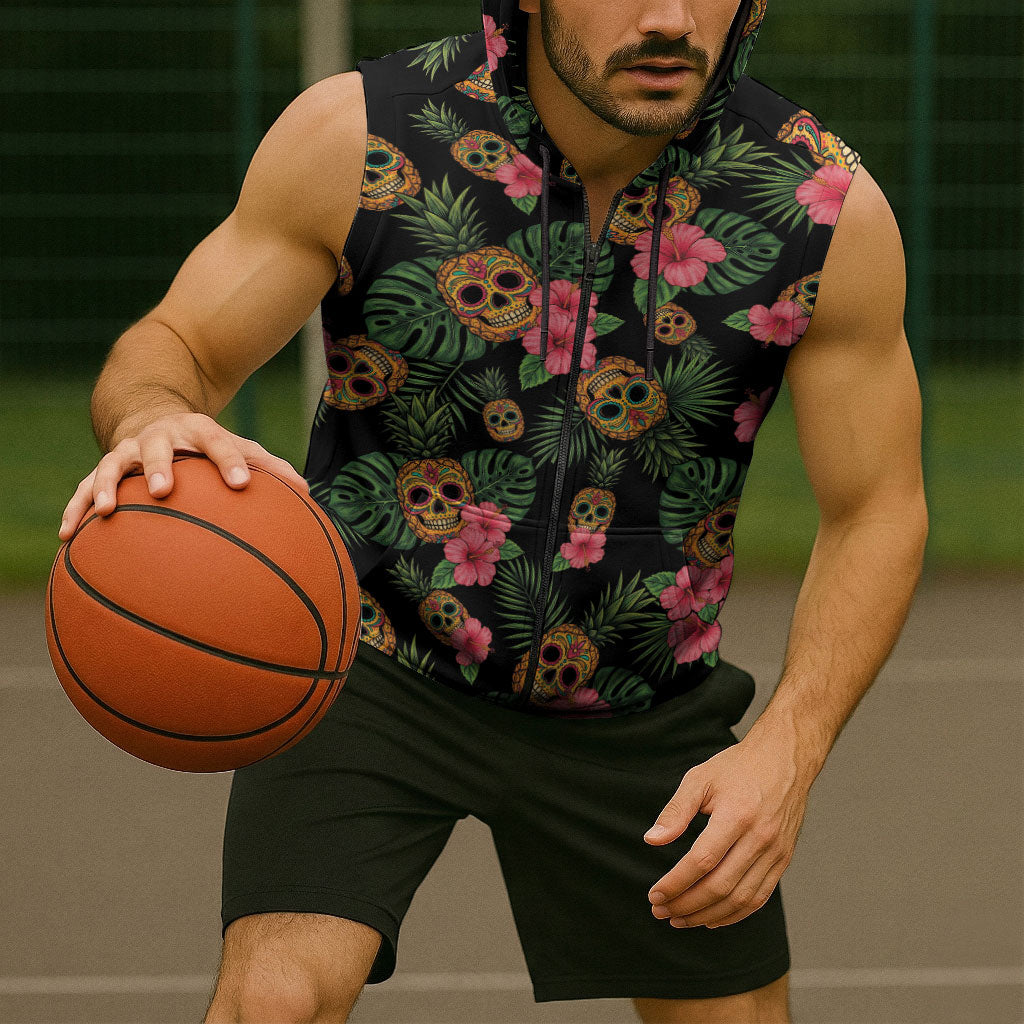 Tropical Calavera Hawaiian Sleeveless Zip Hoodie Sugar Skull Pineapple Hibiscus Floral DT05 - Polynesian Pride