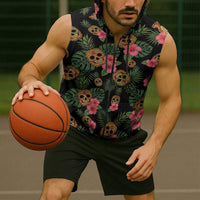 Tropical Calavera Hawaiian Sleeveless Zip Hoodie Sugar Skull Pineapple Hibiscus Floral DT05 - Polynesian Pride
