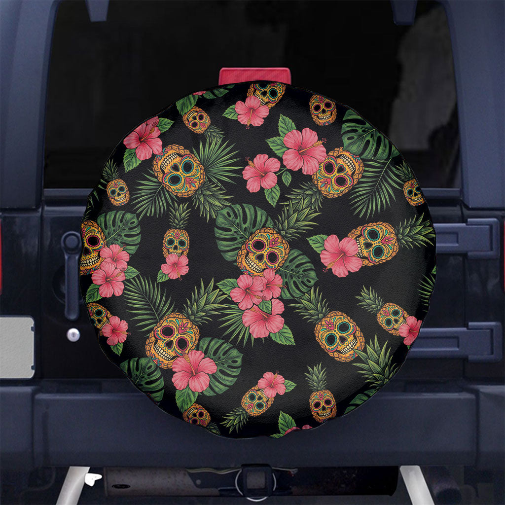 Tropical Calavera Hawaiian Spare Tire Cover Sugar Skull Pineapple Hibiscus Floral DT05 No hole Black - Polynesian Pride