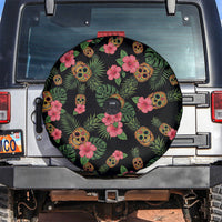 Tropical Calavera Hawaiian Spare Tire Cover Sugar Skull Pineapple Hibiscus Floral DT05 Black - Polynesian Pride