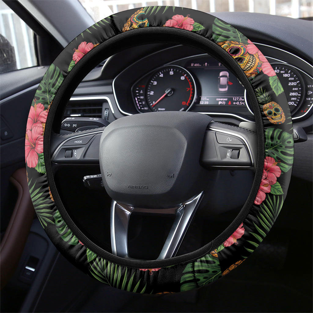 Tropical Calavera Hawaiian Steering Wheel Cover Sugar Skull Pineapple Hibiscus Floral