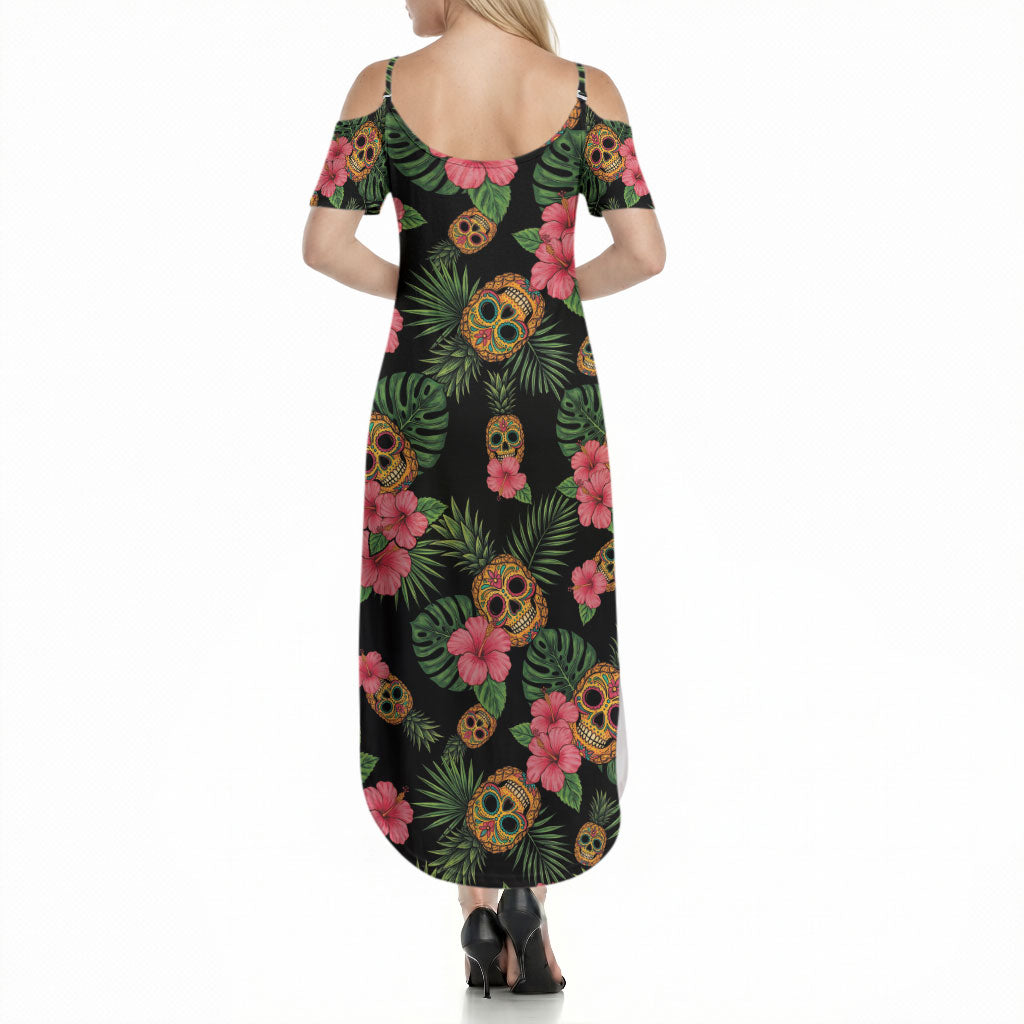 Tropical Calavera Hawaiian Summer Maxi Dress Sugar Skull Pineapple Hibiscus Floral