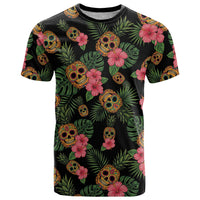 Tropical Calavera Hawaiian T Shirt Sugar Skull Pineapple Hibiscus Floral