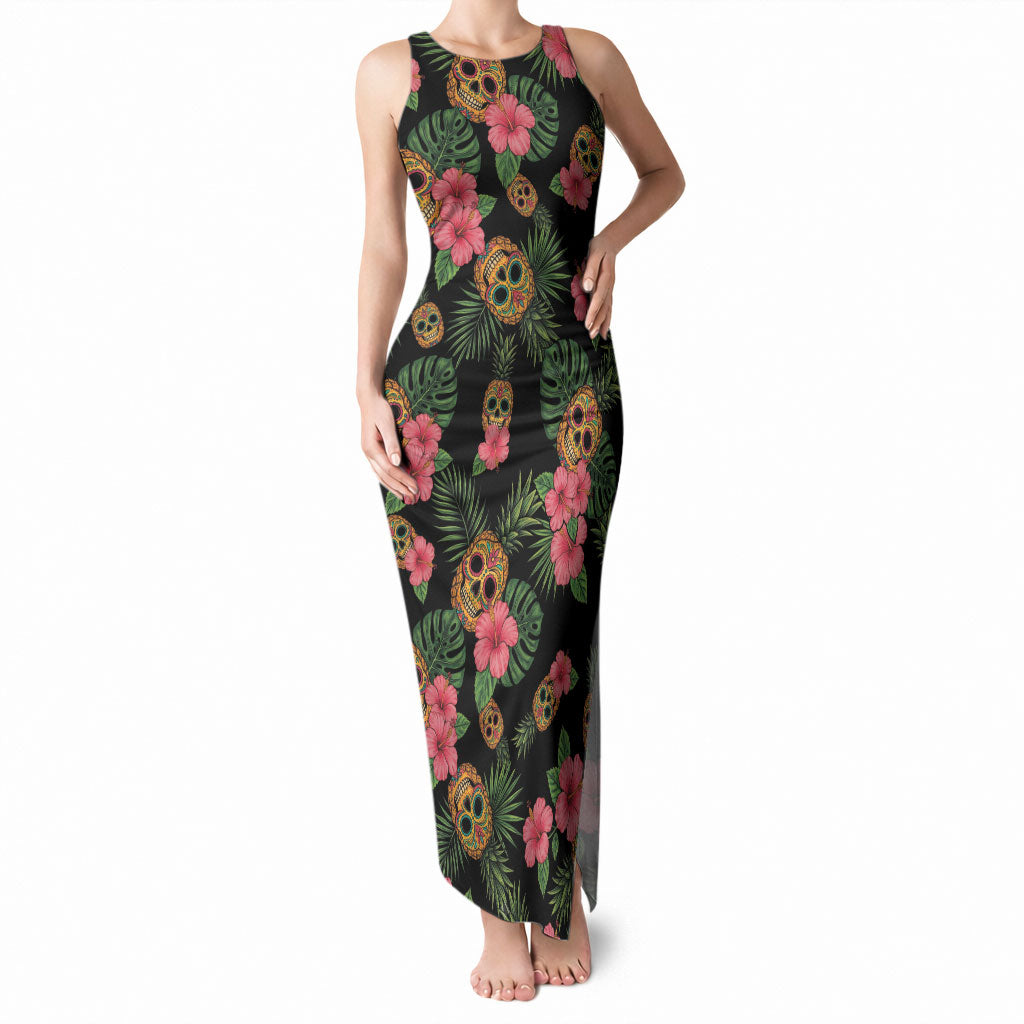 Tropical Calavera Hawaiian Tank Maxi Dress Sugar Skull Pineapple Hibiscus Floral DT05 Women Black - Polynesian Pride