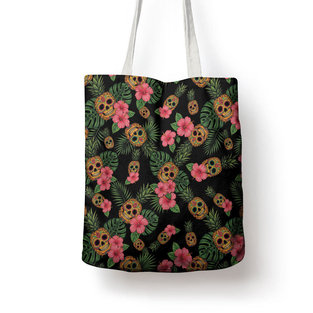 Tropical Calavera Hawaiian Tote Bag Sugar Skull Pineapple Hibiscus Floral
