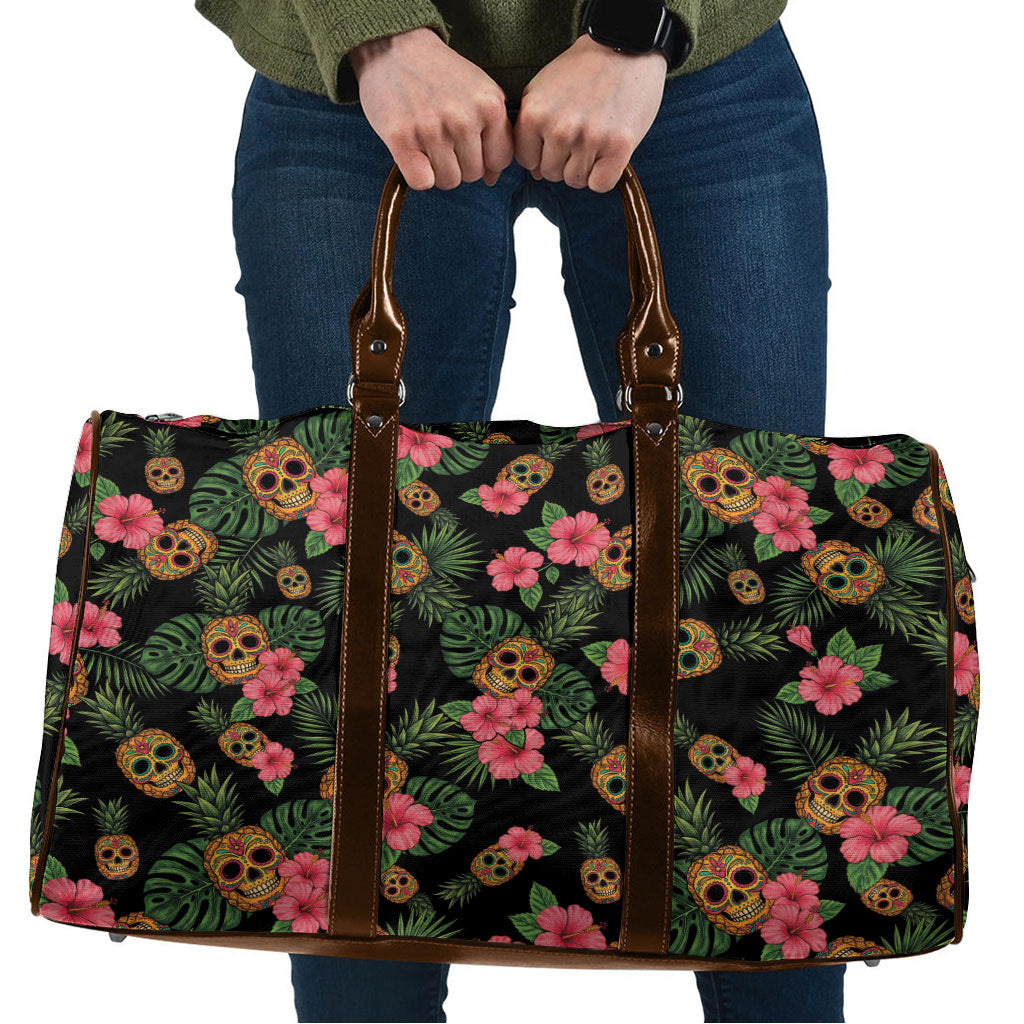 Tropical Calavera Hawaiian Travel Bag Sugar Skull Pineapple Hibiscus Floral