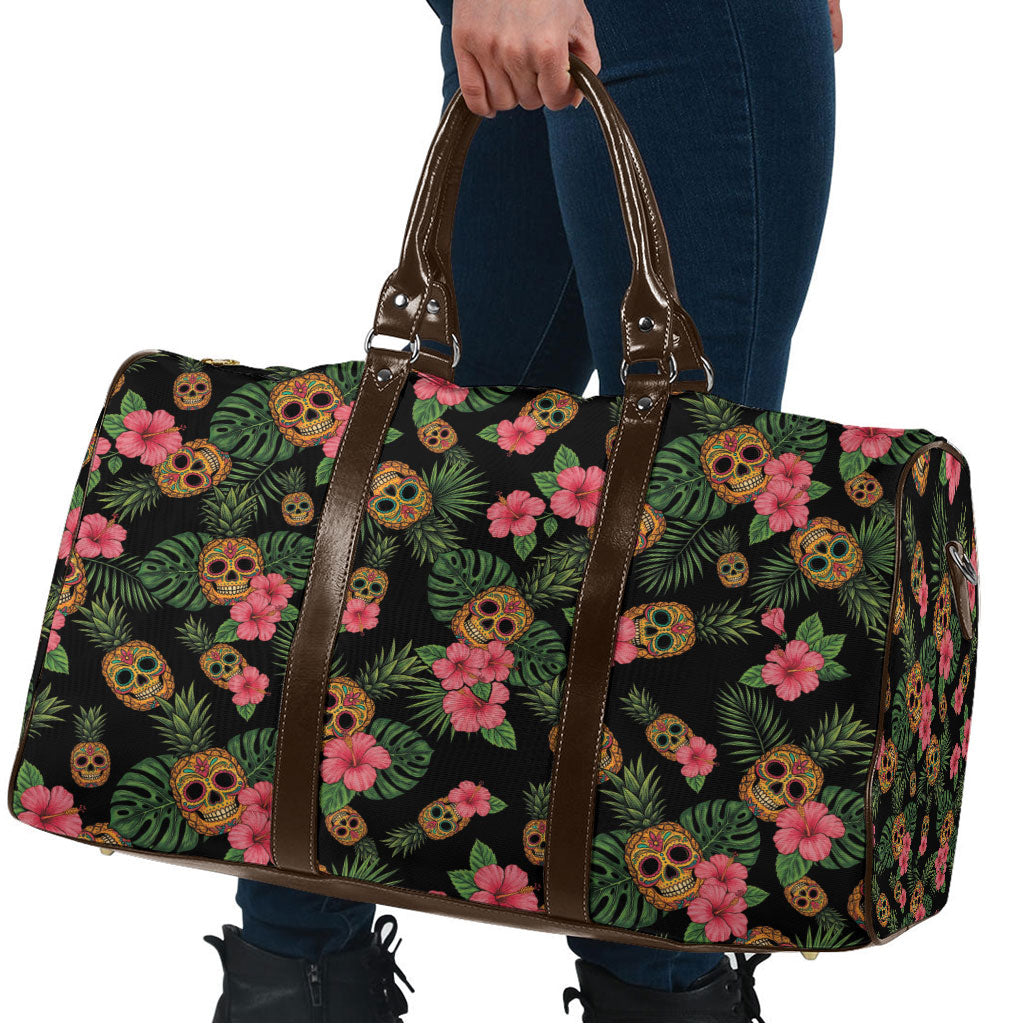 Tropical Calavera Hawaiian Travel Bag Sugar Skull Pineapple Hibiscus Floral