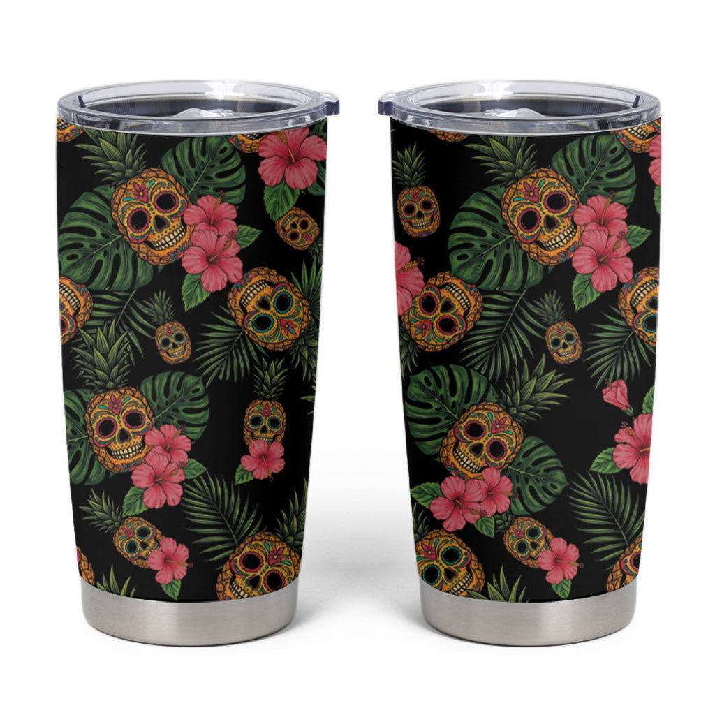Tropical Calavera Hawaiian Tumbler Cup Sugar Skull Pineapple Hibiscus Floral DT05 Black - Polynesian Pride