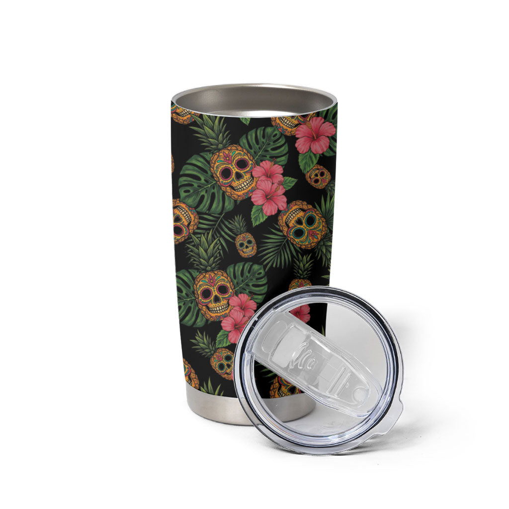 Tropical Calavera Hawaiian Tumbler Cup Sugar Skull Pineapple Hibiscus Floral DT05 - Polynesian Pride