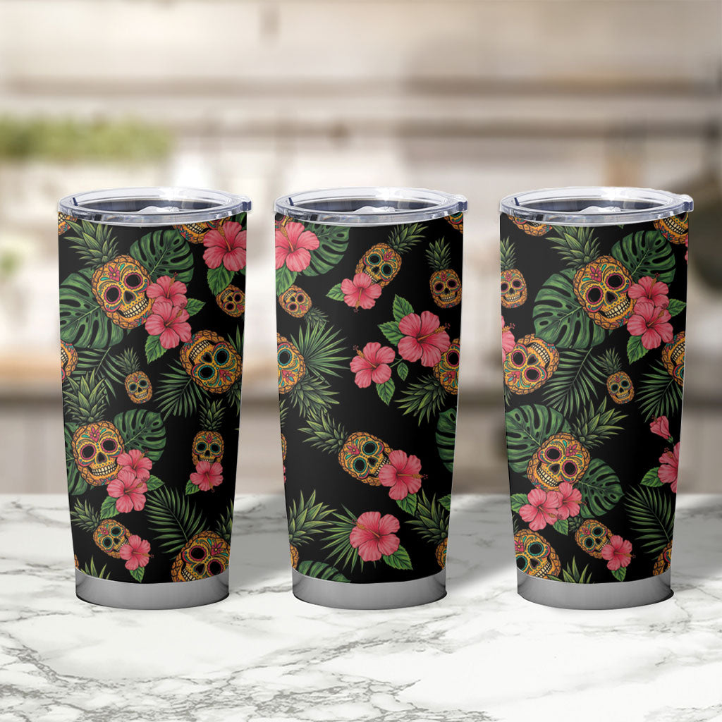 Tropical Calavera Hawaiian Tumbler Cup Sugar Skull Pineapple Hibiscus Floral DT05 - Polynesian Pride