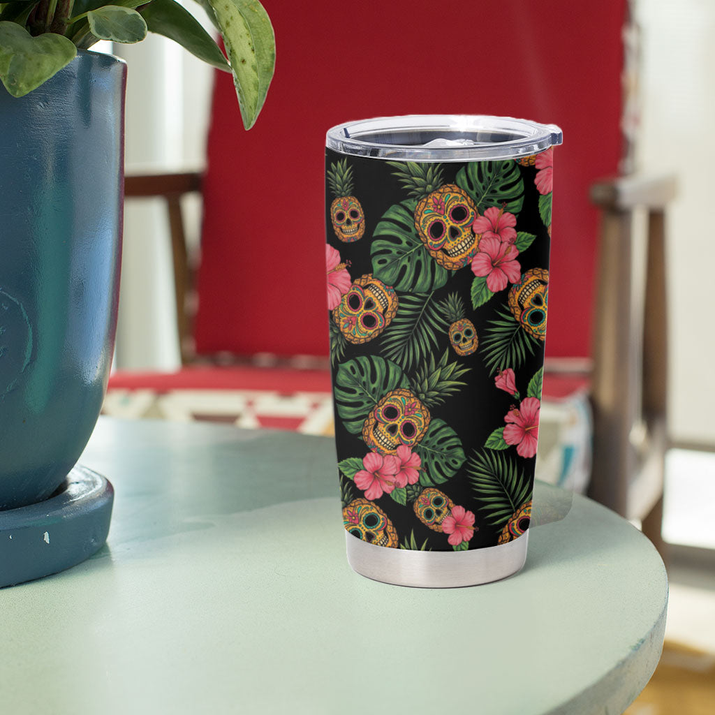 Tropical Calavera Hawaiian Tumbler Cup Sugar Skull Pineapple Hibiscus Floral DT05 - Polynesian Pride