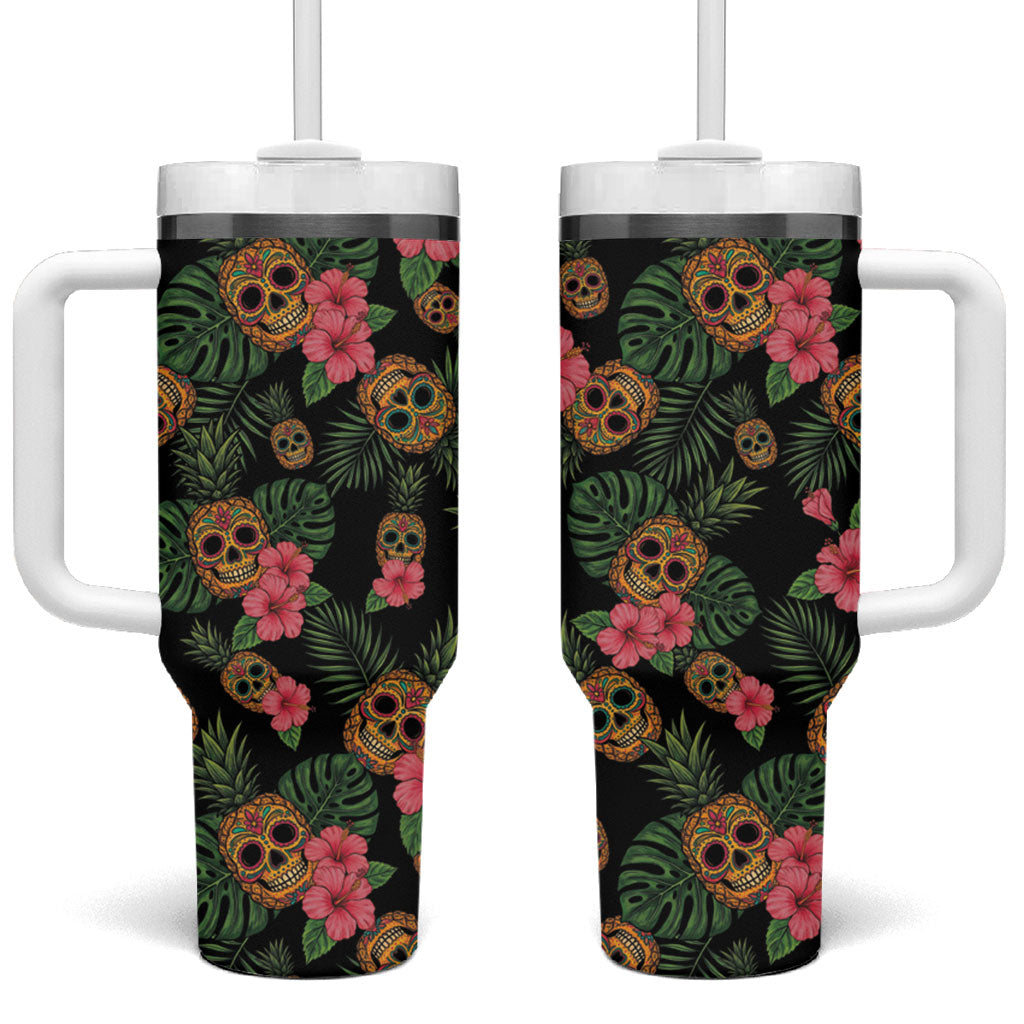 Tropical Calavera Hawaiian Tumbler With Handle Sugar Skull Pineapple Hibiscus Floral DT05 One Size: 40 oz Black - Polynesian Pride