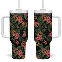 Tropical Calavera Hawaiian Tumbler With Handle Sugar Skull Pineapple Hibiscus Floral