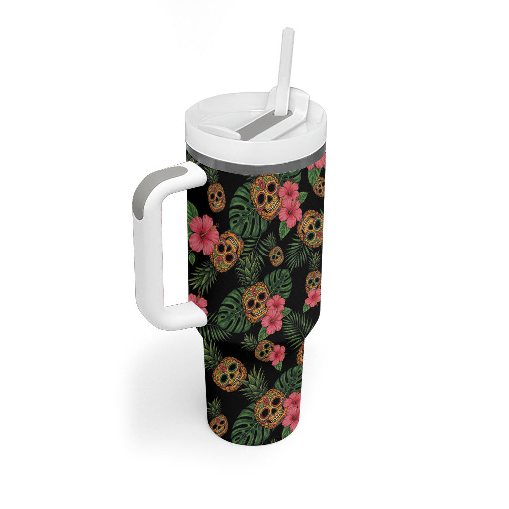 Tropical Calavera Hawaiian Tumbler With Handle Sugar Skull Pineapple Hibiscus Floral