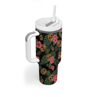 Tropical Calavera Hawaiian Tumbler With Handle Sugar Skull Pineapple Hibiscus Floral