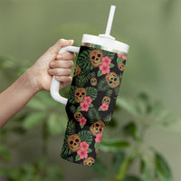 Tropical Calavera Hawaiian Tumbler With Handle Sugar Skull Pineapple Hibiscus Floral