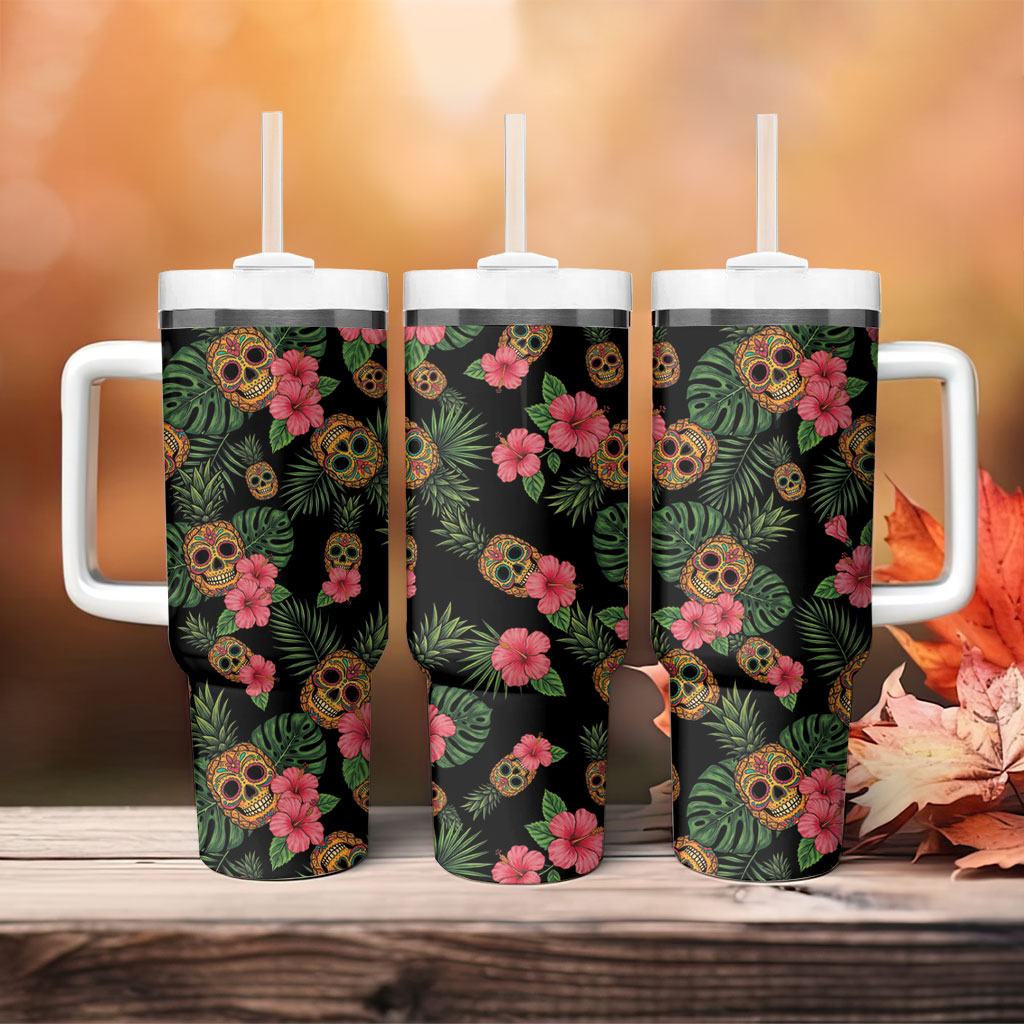Tropical Calavera Hawaiian Tumbler With Handle Sugar Skull Pineapple Hibiscus Floral