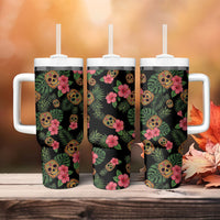 Tropical Calavera Hawaiian Tumbler With Handle Sugar Skull Pineapple Hibiscus Floral