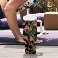 Tropical Calavera Hawaiian Tumbler With Handle Sugar Skull Pineapple Hibiscus Floral