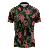 Tropical Calavera Hawaiian Zipper Polo Shirt Sugar Skull Pineapple Hibiscus Floral DT05 Black - Polynesian Pride