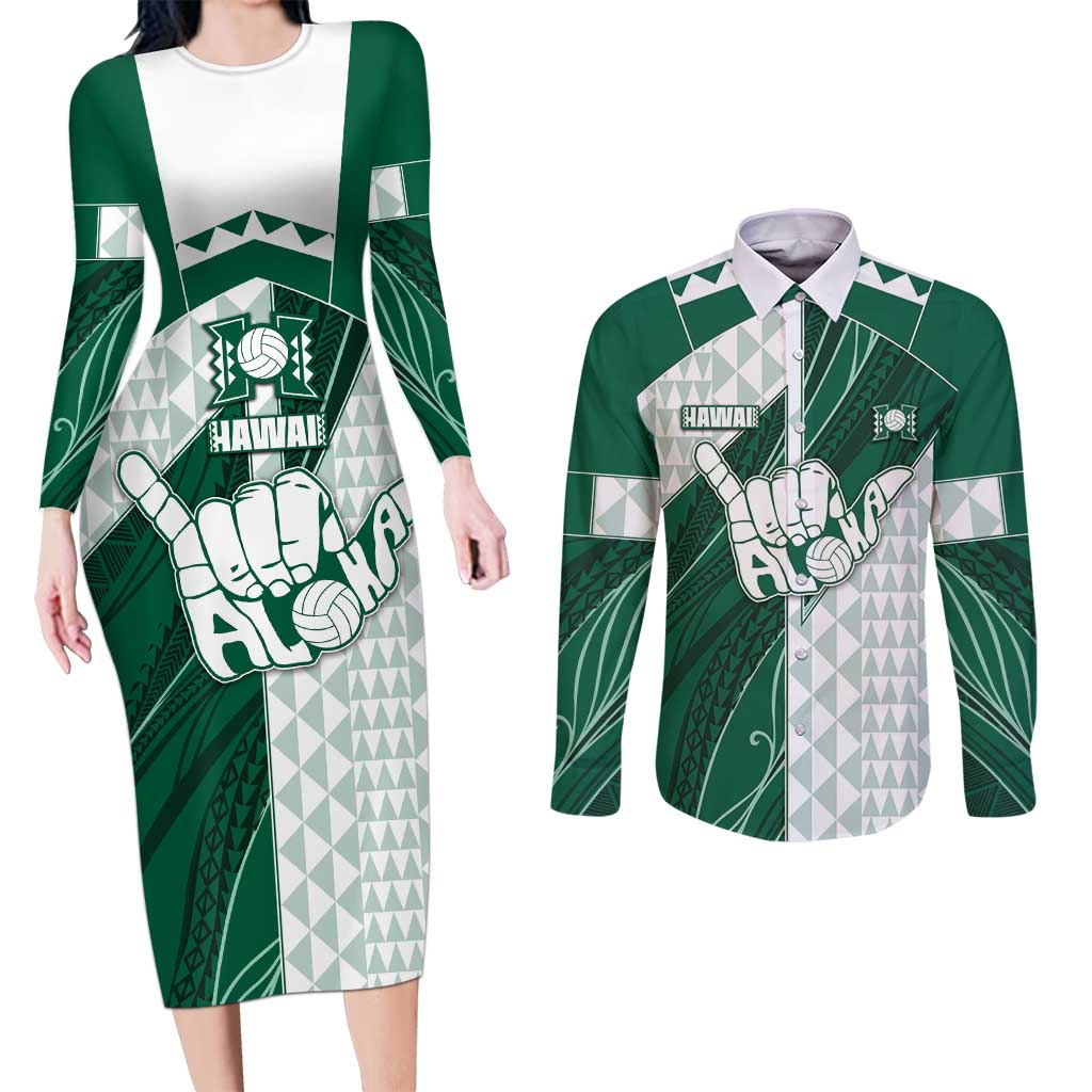 Custom Hawaii Volleyball Couples Matching Long Sleeve Bodycon Dress and Long Sleeve Button Shirt Shaka Aloha Hand DT05 Green - Polynesian Pride