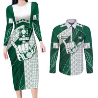 Custom Hawaii Volleyball Couples Matching Long Sleeve Bodycon Dress and Long Sleeve Button Shirt Shaka Aloha Hand DT05 Green - Polynesian Pride