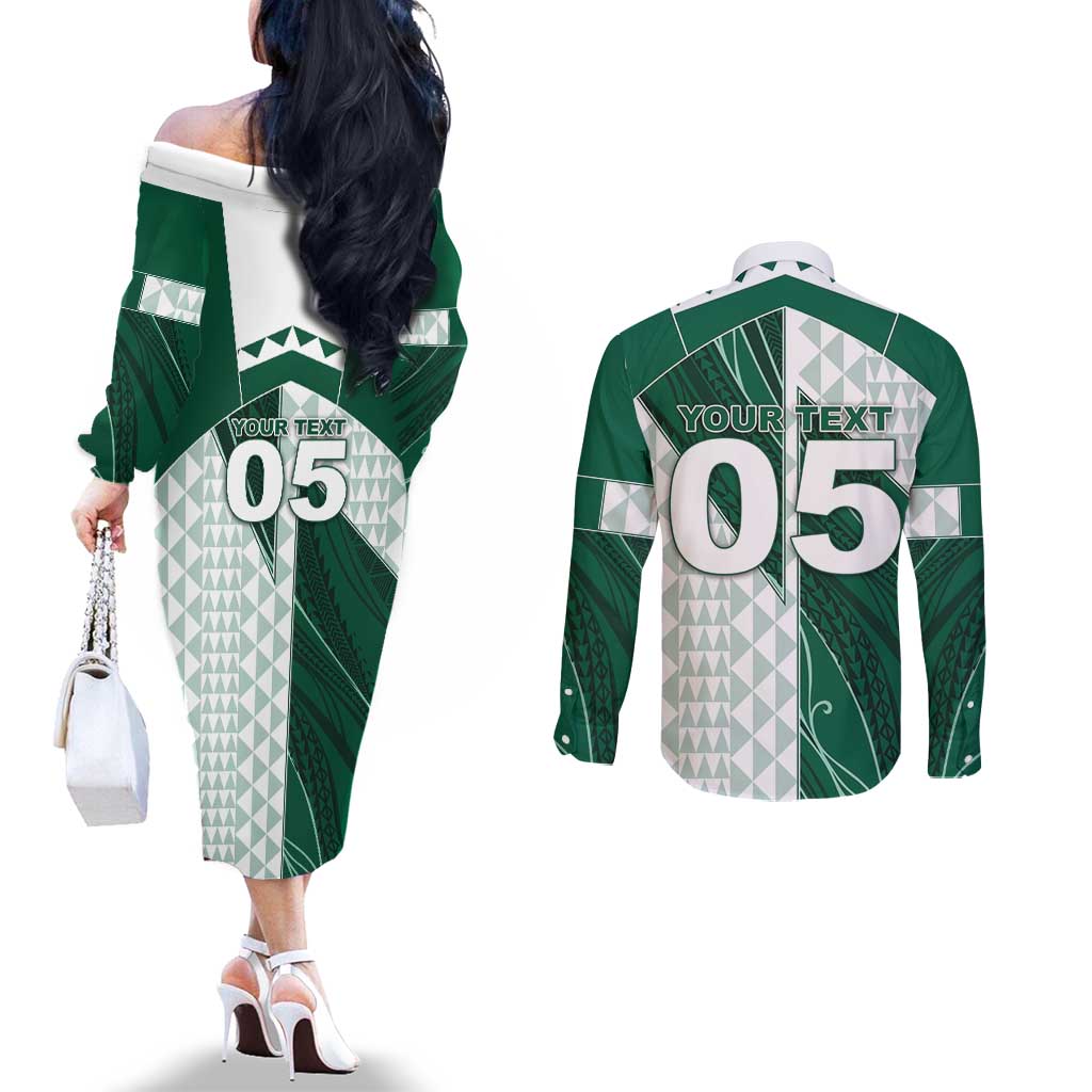 Custom Hawaii Volleyball Couples Matching Off The Shoulder Long Sleeve Dress and Long Sleeve Button Shirt Shaka Aloha Hand DT05 - Polynesian Pride