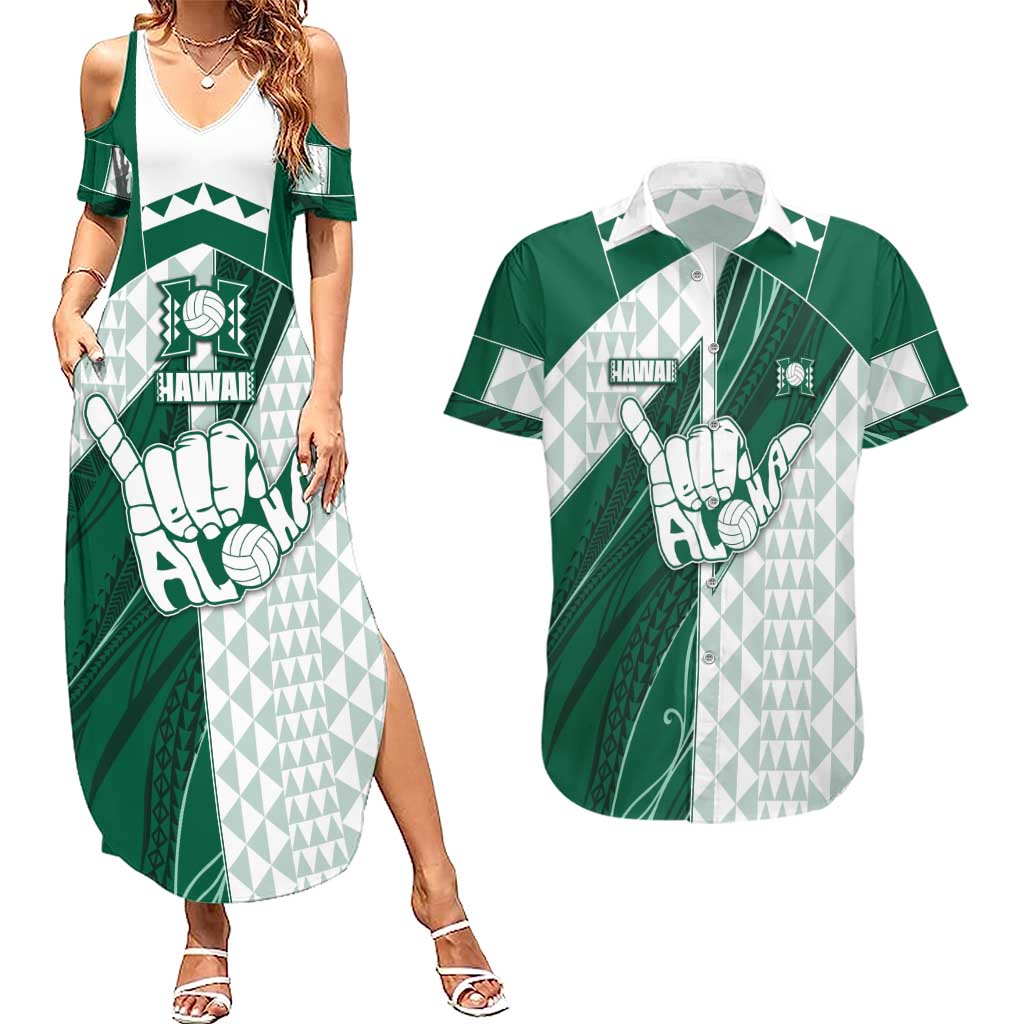 Custom Hawaii Volleyball Couples Matching Summer Maxi Dress and Hawaiian Shirt Shaka Aloha Hand DT05 Green - Polynesian Pride