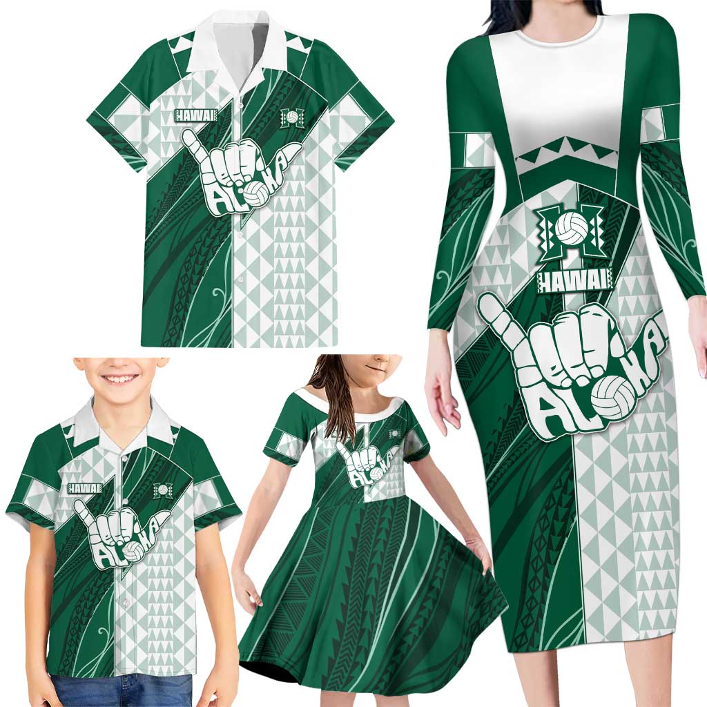 Custom Hawaii Volleyball Family Matching Long Sleeve Bodycon Dress and Hawaiian Shirt Shaka Aloha Hand DT05 - Polynesian Pride