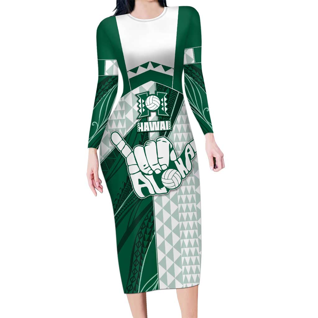 Custom Hawaii Volleyball Family Matching Long Sleeve Bodycon Dress and Hawaiian Shirt Shaka Aloha Hand DT05 Mom's Dress Green - Polynesian Pride