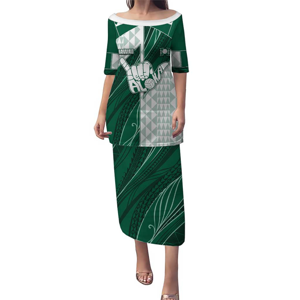 Custom Hawaii Volleyball Family Matching Puletasi and Hawaiian Shirt Shaka Aloha Hand DT05 Mom's Dress Green - Polynesian Pride