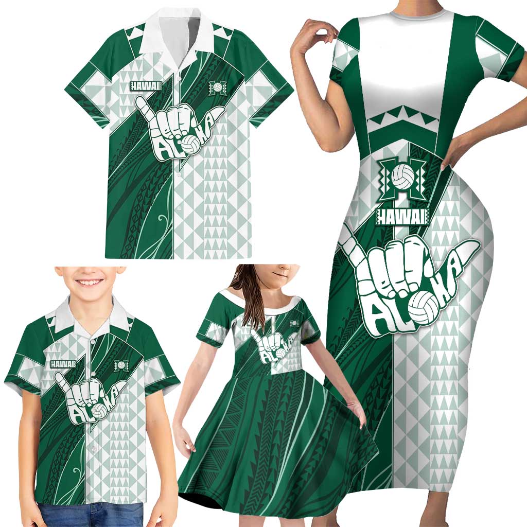 Custom Hawaii Volleyball Family Matching Short Sleeve Bodycon Dress and Hawaiian Shirt Shaka Aloha Hand