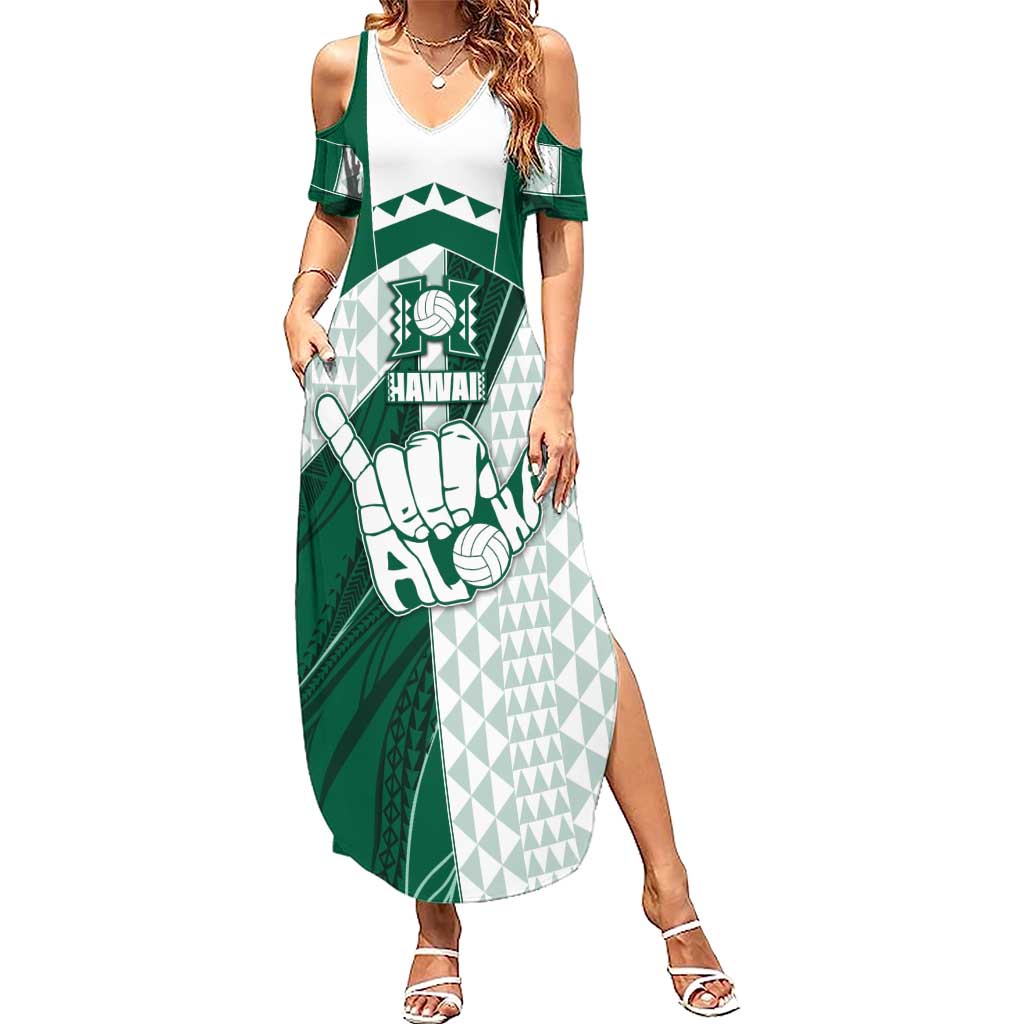 Custom Hawaii Volleyball Family Matching Summer Maxi Dress and Hawaiian Shirt Shaka Aloha Hand DT05 Mom's Dress Green - Polynesian Pride