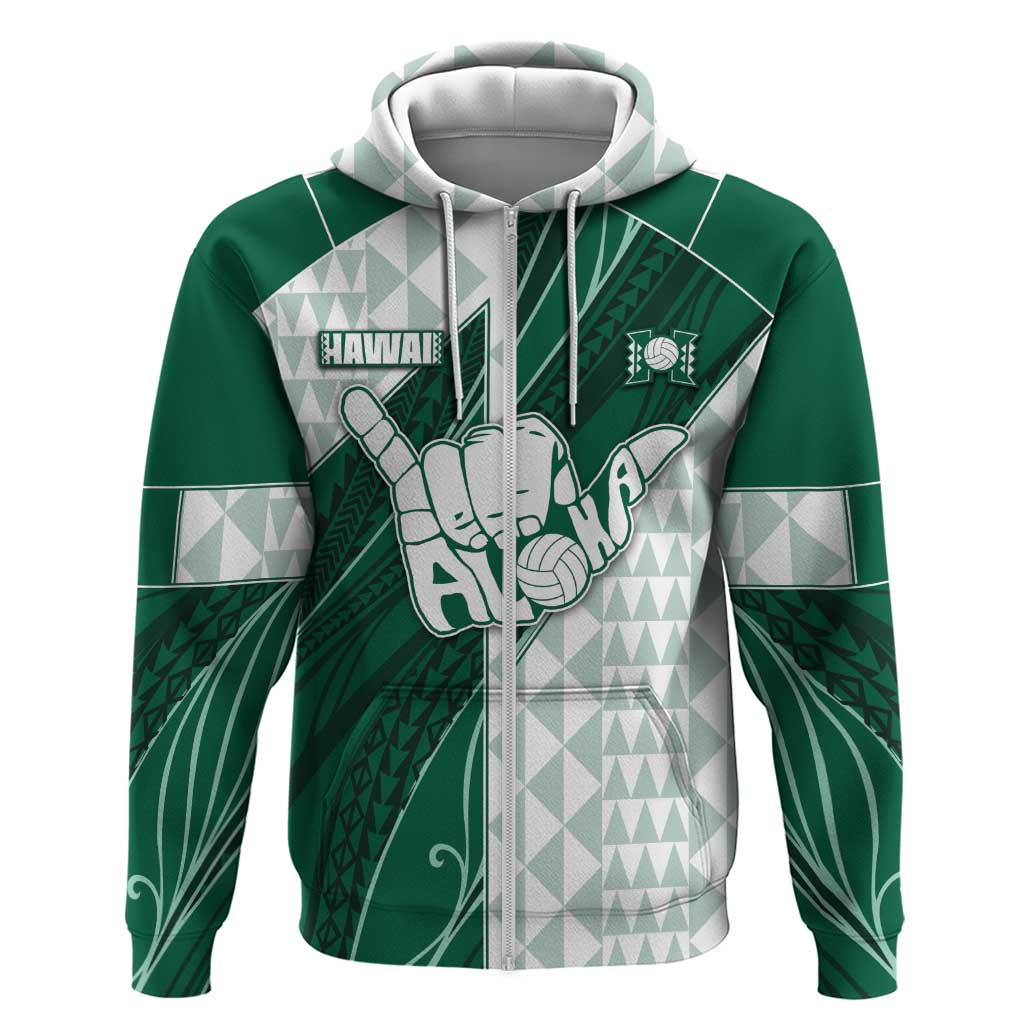 Custom Hawaii Volleyball Hoodie Shaka Aloha Hand DT05 Zip Hoodie Green - Polynesian Pride